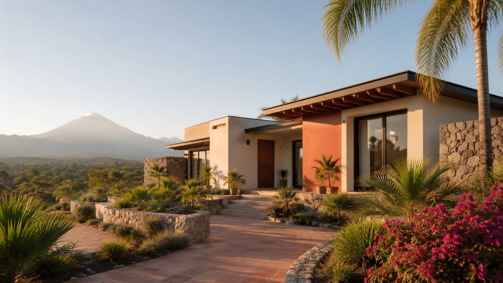 Residencia mexicana contemporánea: volúmenes limpios, muro en terracota, piedra volcánica y vegetación tropical, con el Volcán de fondo.