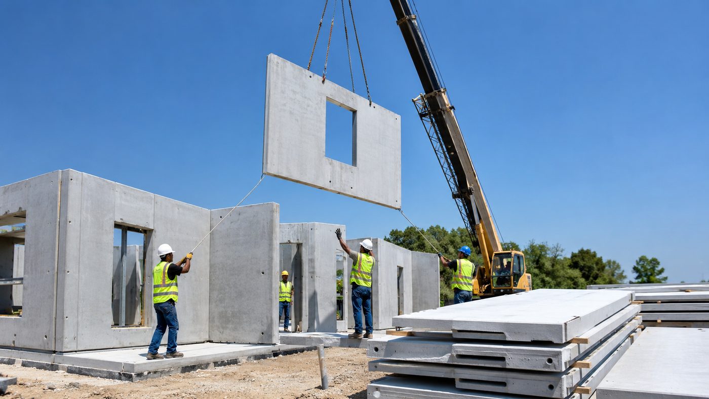 Montaje de paneles prefabricados de concreto en obra: rapidez, precisión y menor afectación al entorno durante la construcción.